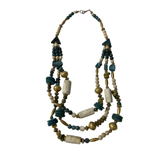 Vintage Multi Strand Beaded Necklace 24” Turquoise Stone Brass Boho Statement Jewelry