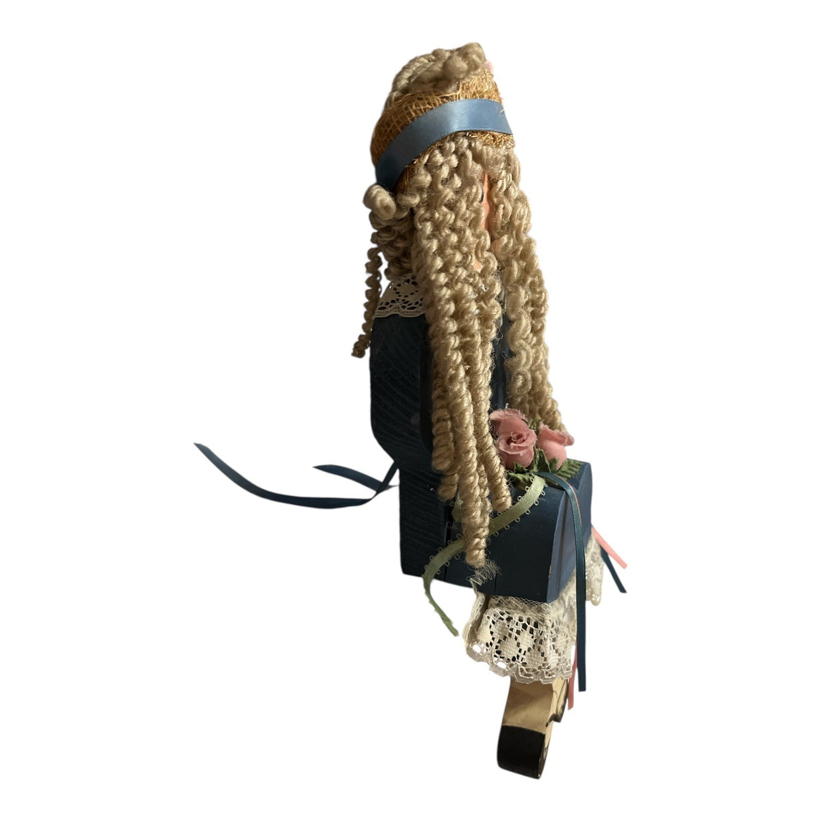 Vintage Handmade Wooden Folk Art Girl Doll Blue Dress Yarn Hair Shelf Sitter