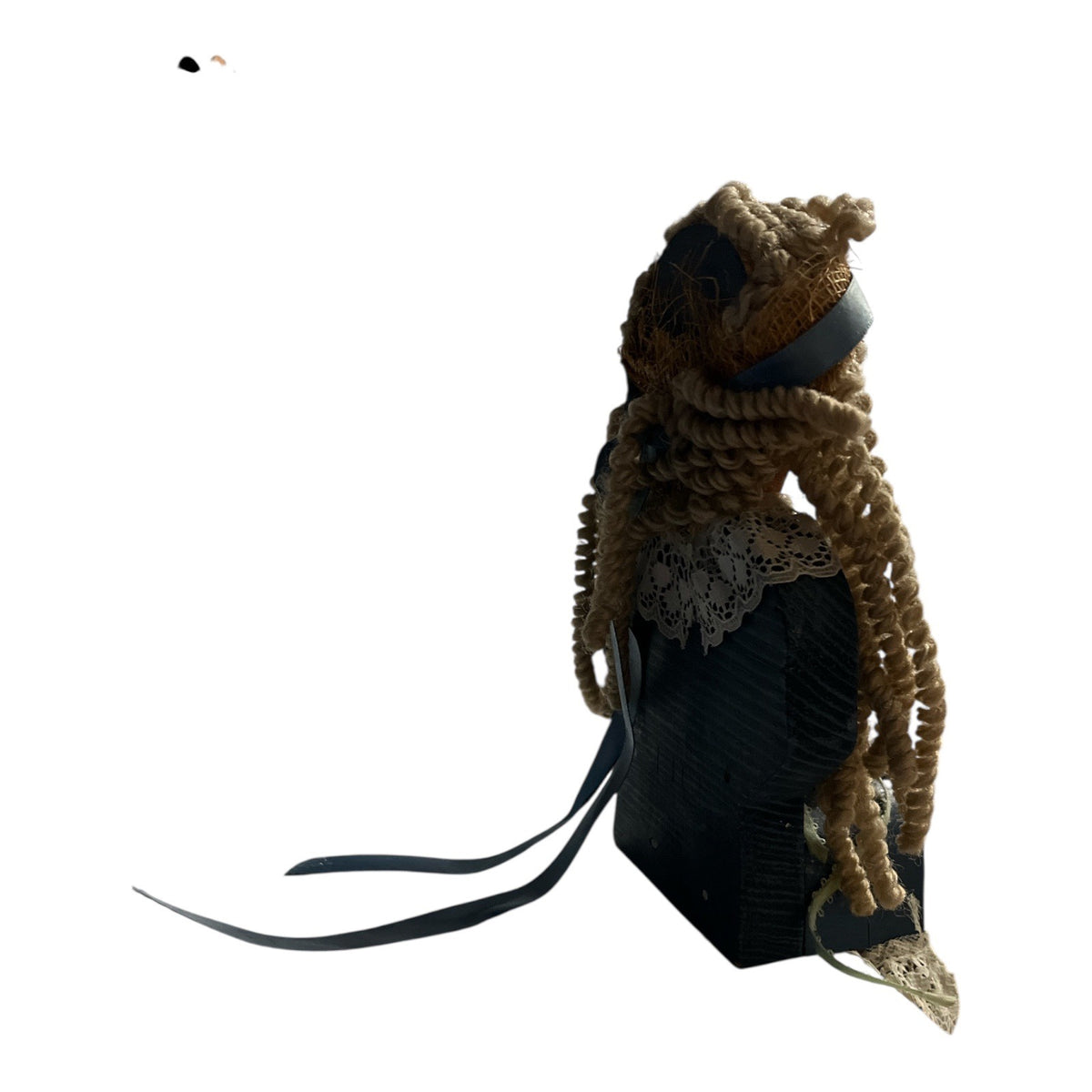 Vintage Handmade Wooden Folk Art Girl Doll Blue Dress Yarn Hair Shelf Sitter