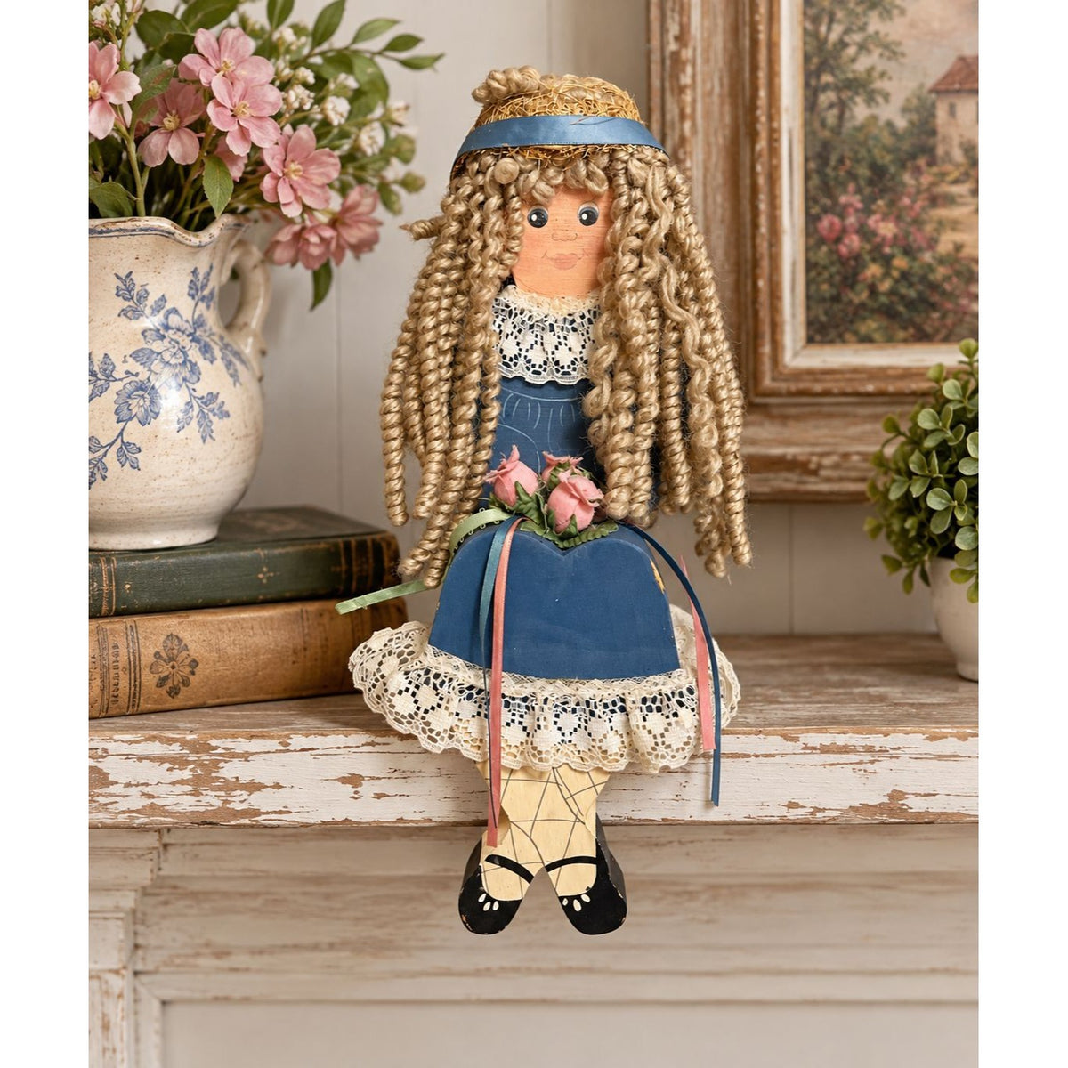 Vintage Handmade Wooden Folk Art Girl Doll Blue Dress Yarn Hair Shelf Sitter