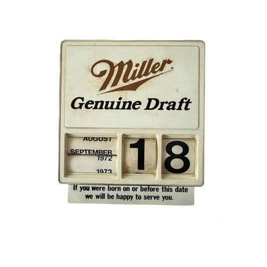 Vintage Miller Genuine Draft Age Verification Perpetual Calendar Bar Sign 1970s