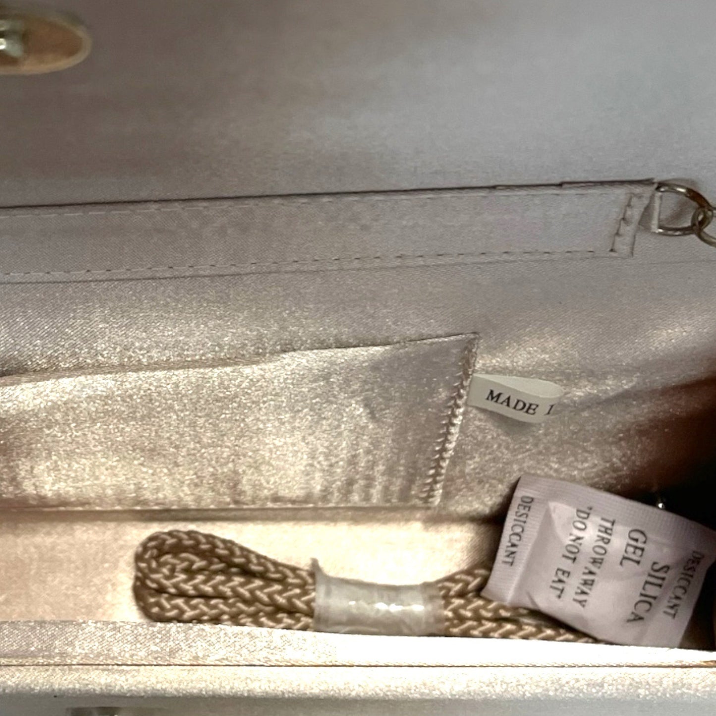 Sasha Champagne Satin Clutch Purse with Two Interchangeable Straps – New with Tags – 10"x4"x2"