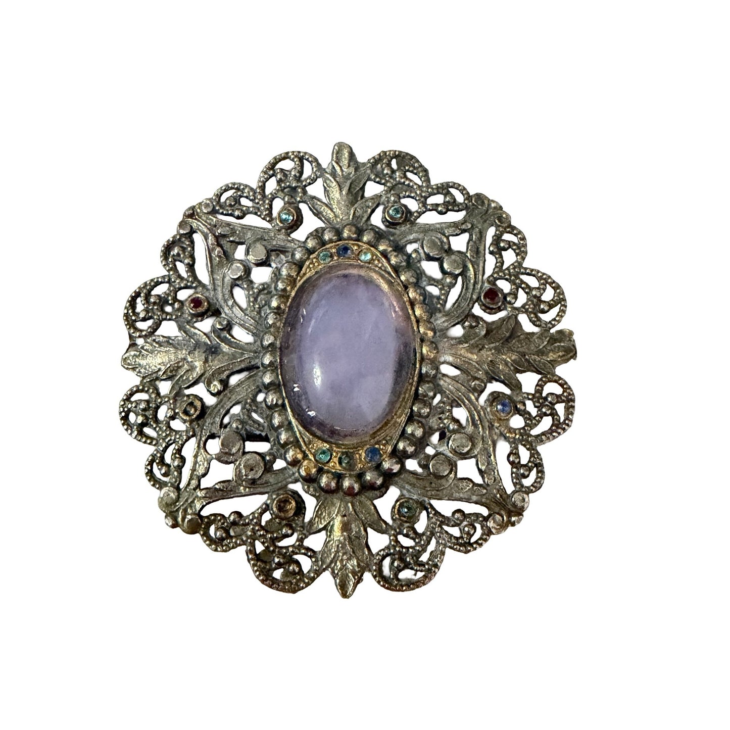 Vintage Allied SJN Filigree Brooch Lavender Cabochon Ornate Silver Tone Pin 2.5"