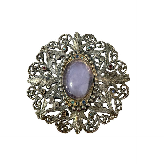 Vintage Allied SJN Filigree Brooch Lavender Cabochon Ornate Silver Tone Pin 2.5"