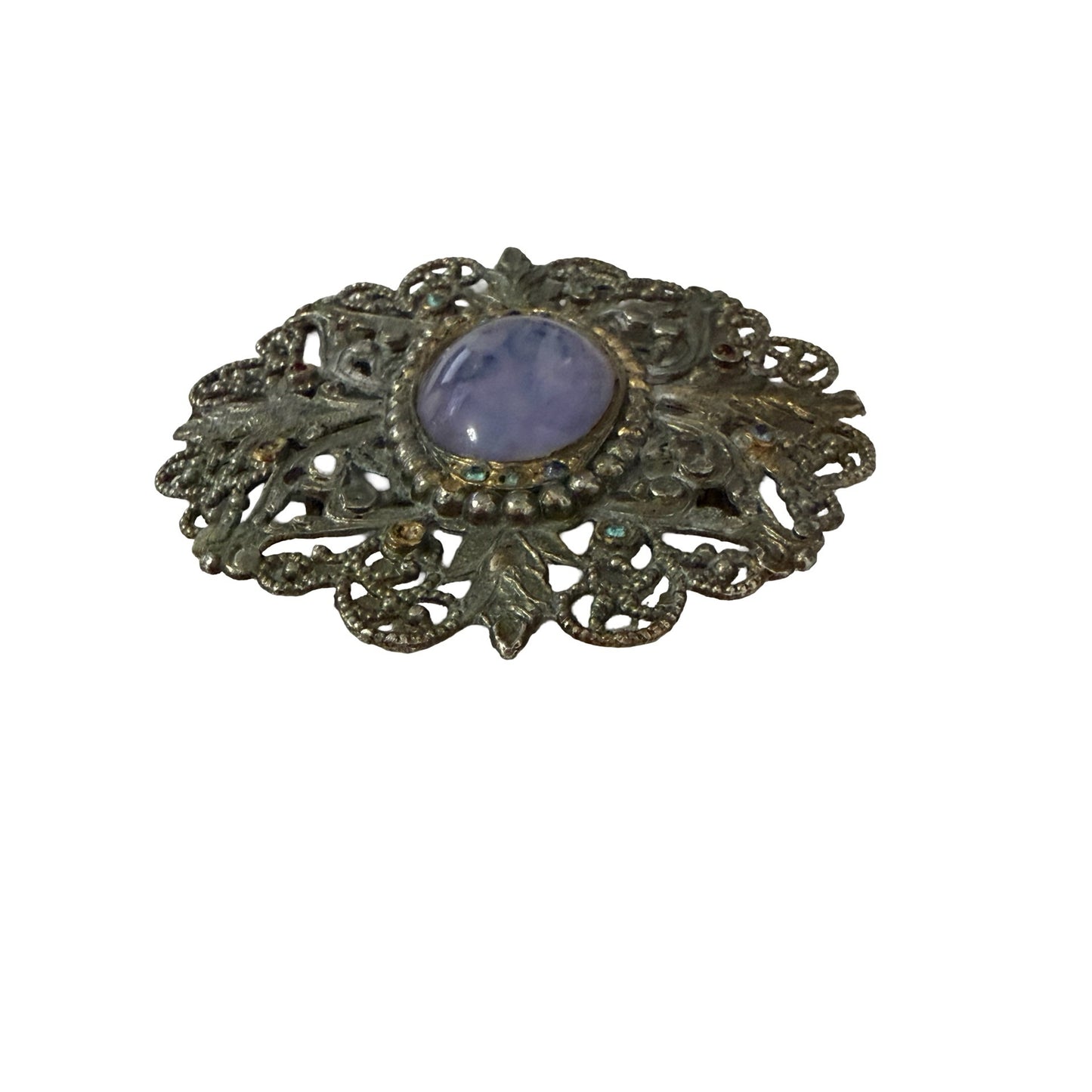 Vintage Allied SJN Filigree Brooch Lavender Cabochon Ornate Silver Tone Pin 2.5"