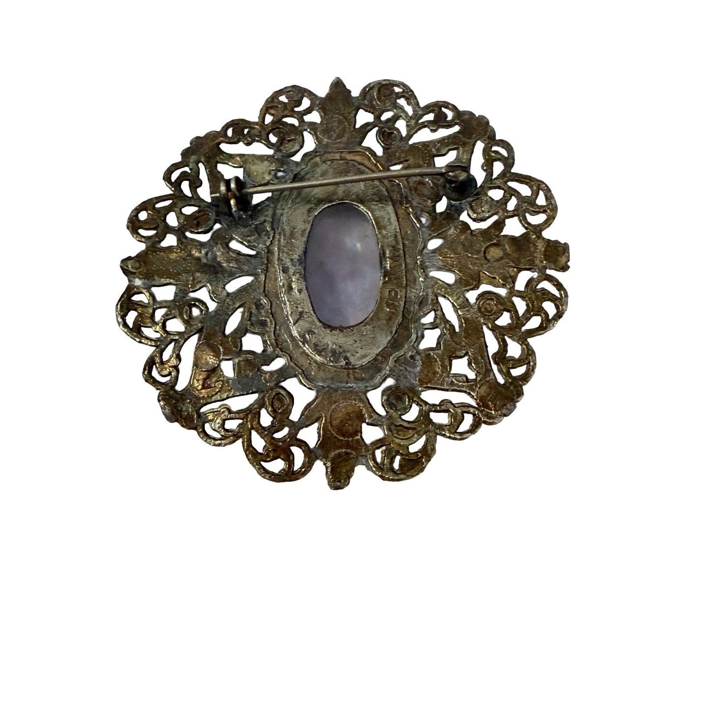Vintage Allied SJN Filigree Brooch Lavender Cabochon Ornate Silver Tone Pin 2.5"