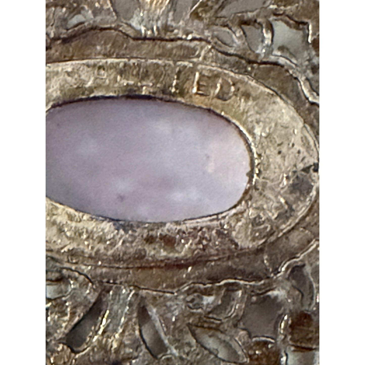 Vintage Allied SJN Filigree Brooch Lavender Cabochon Ornate Silver Tone Pin 2.5"