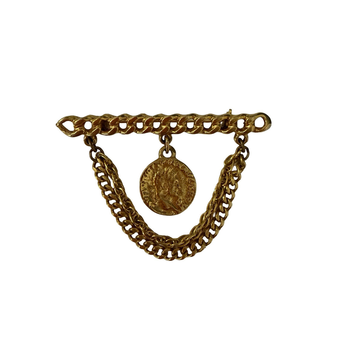 Vintage Roman Coin Brooch Gold Tone Double Chain Swag Pin 2.5 Inch