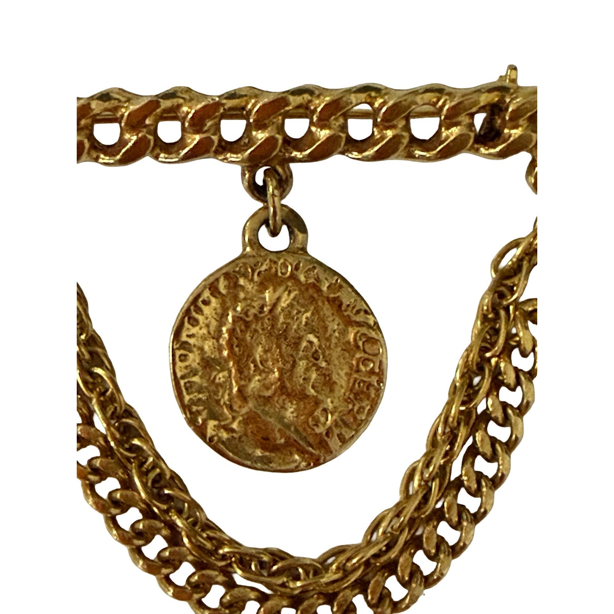 Vintage Roman Coin Brooch Gold Tone Double Chain Swag Pin 2.5 Inch