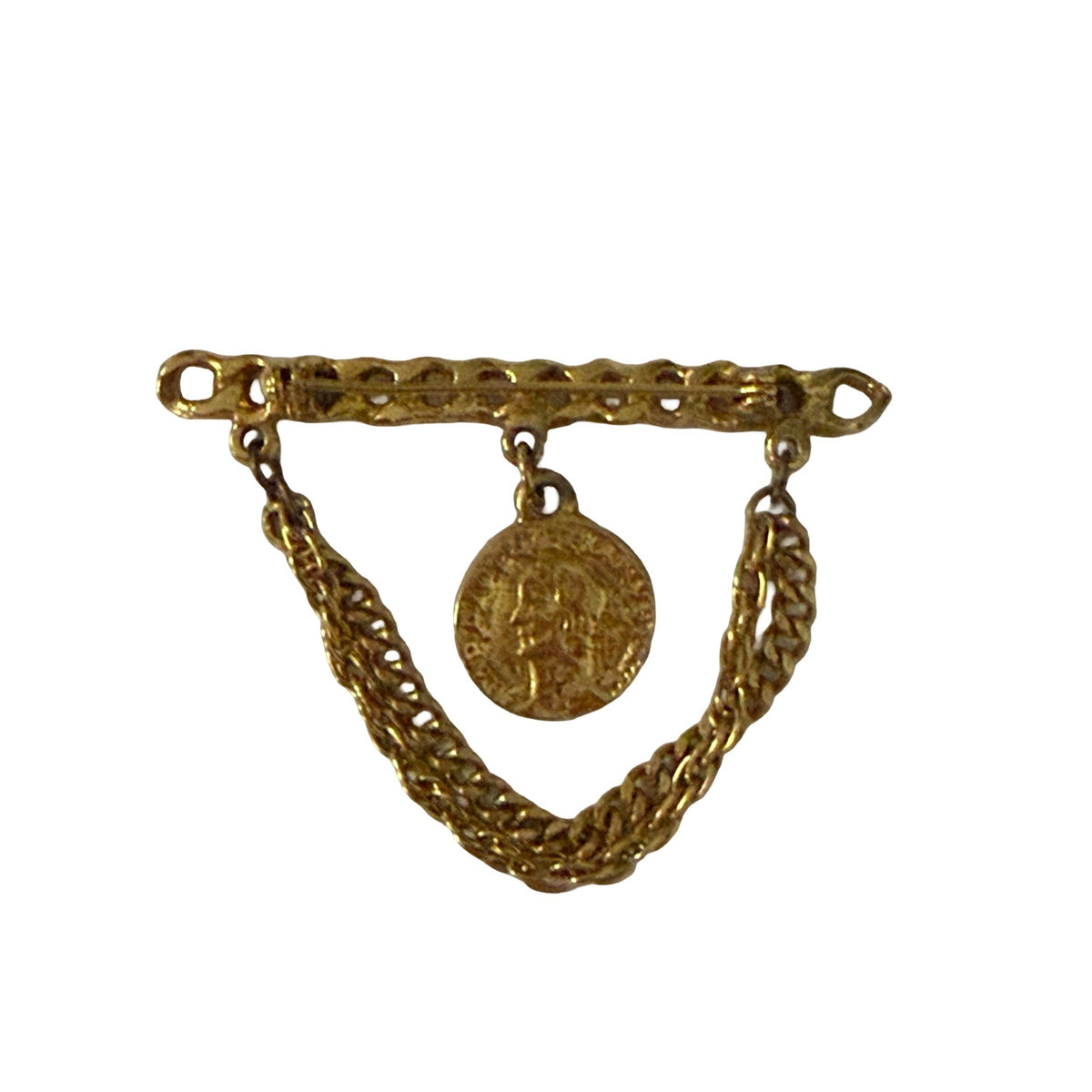 Vintage Roman Coin Brooch Gold Tone Double Chain Swag Pin 2.5 Inch