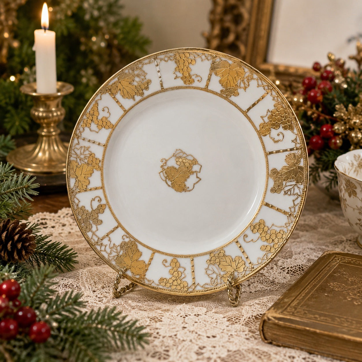 Antique Nippon Hand Painted Porcelain Salad Plate Gold Grape Vine Design 8.5"