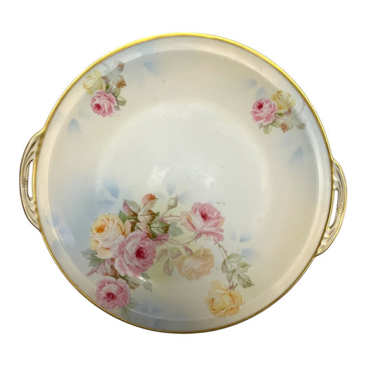 Antique Royal Rudolstadt Prussia Handled Floral Bowl Gold Trim 9.25 Inch