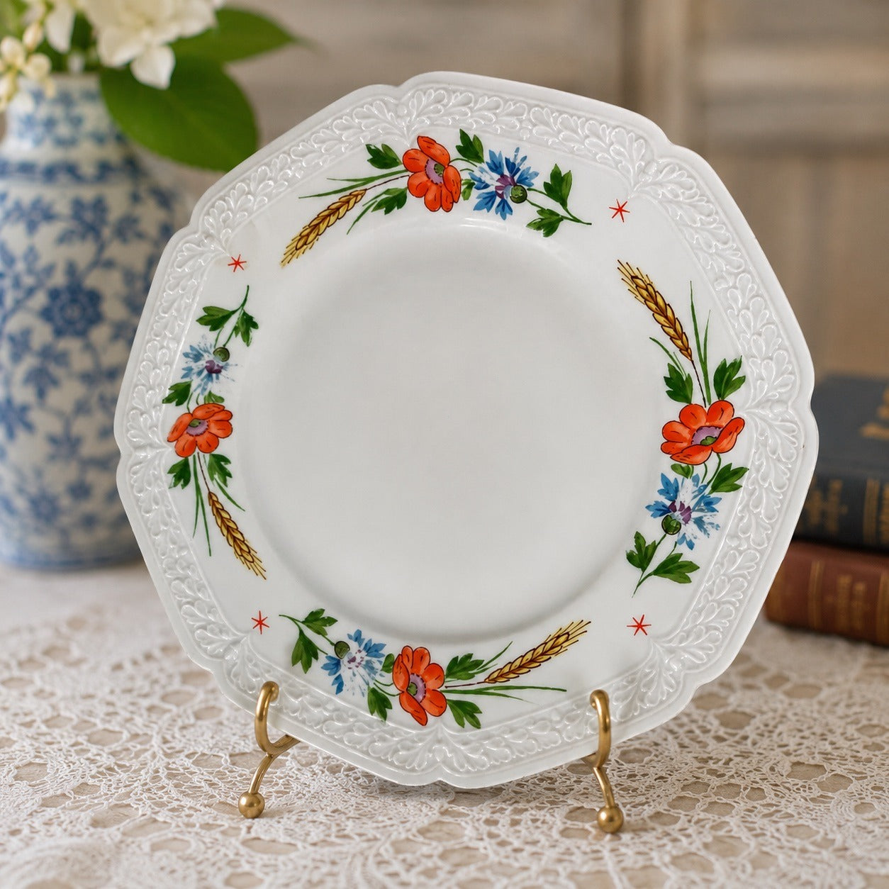 Vintage German Handpainted Porcelain Salad Plate Du Gabst Uns Arbeit 1938 Floral Wheat 8 Inch