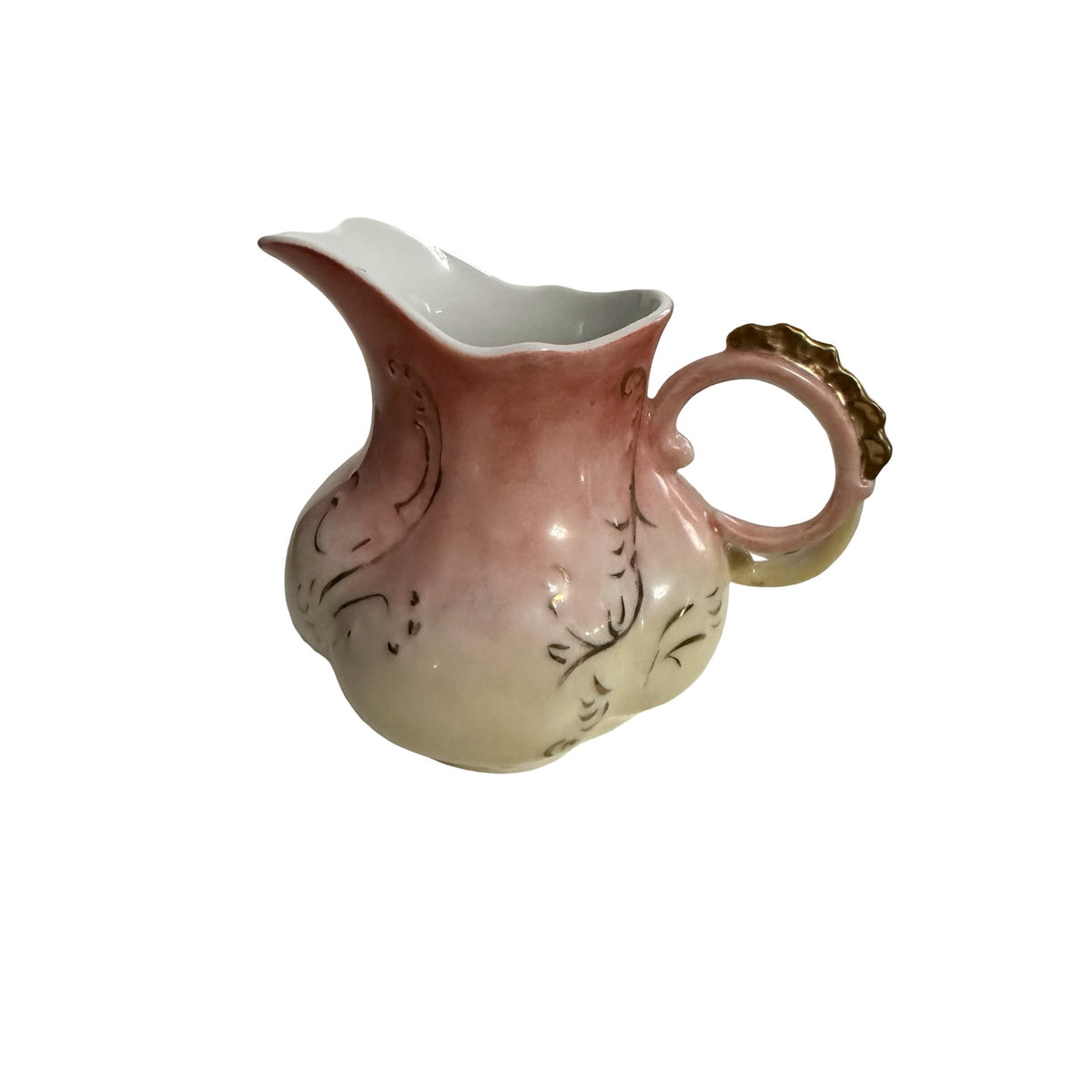 Vintage Hand Painted Ceramic Pitcher Creamer Signed Libby Kuglar Pink Gold 5"