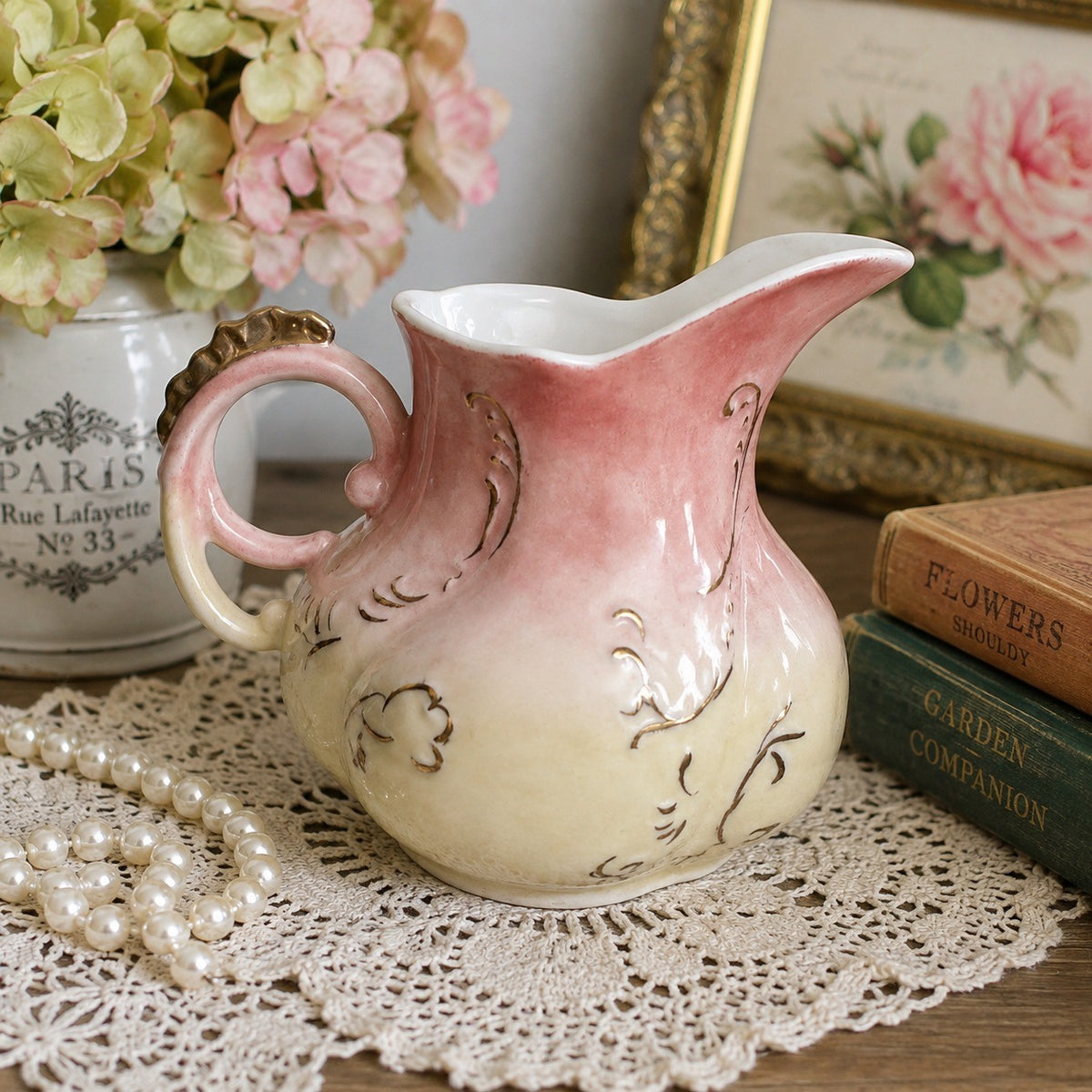 Vintage Hand Painted Ceramic Pitcher Creamer Signed Libby Kuglar Pink Gold 5"