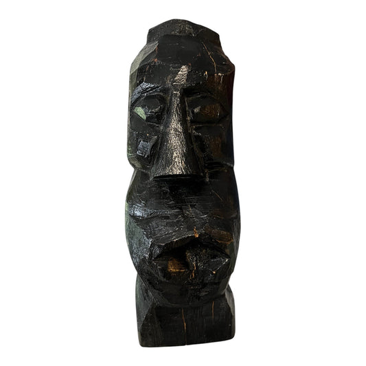 Hand-Carved Wooden Head Sculpture Folk Art Primitive Black Wood Bust