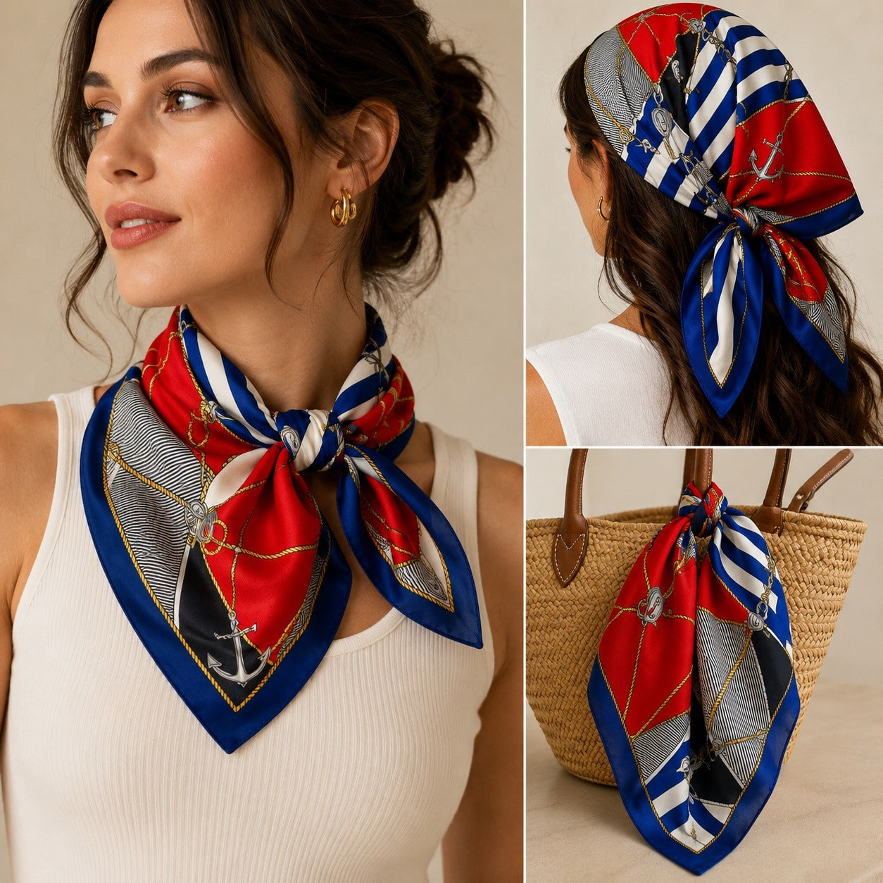Vintage Nautical Anchor Rope Flag Scarf 30 Inch Square Blue Red White