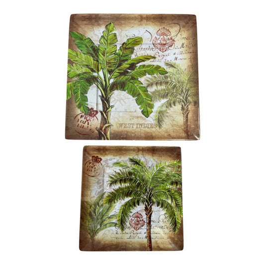 MerriD Set of 2 Melamine Palm Tree Plates West Indies Tropical Design 11” & 8”