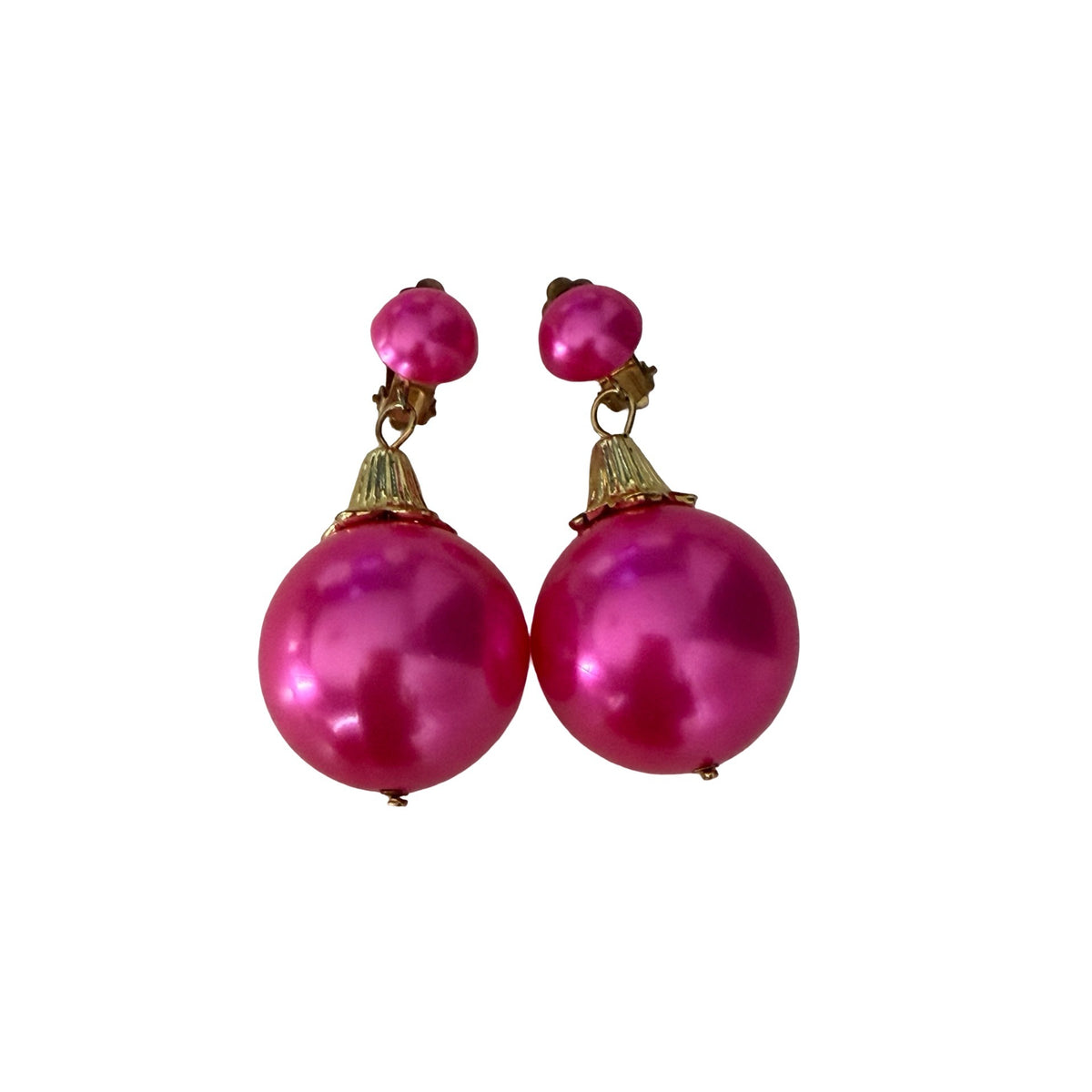 Vintage 1960s Hot Pink Faux Pearl Clip On Dangle Earrings Oversized Mod