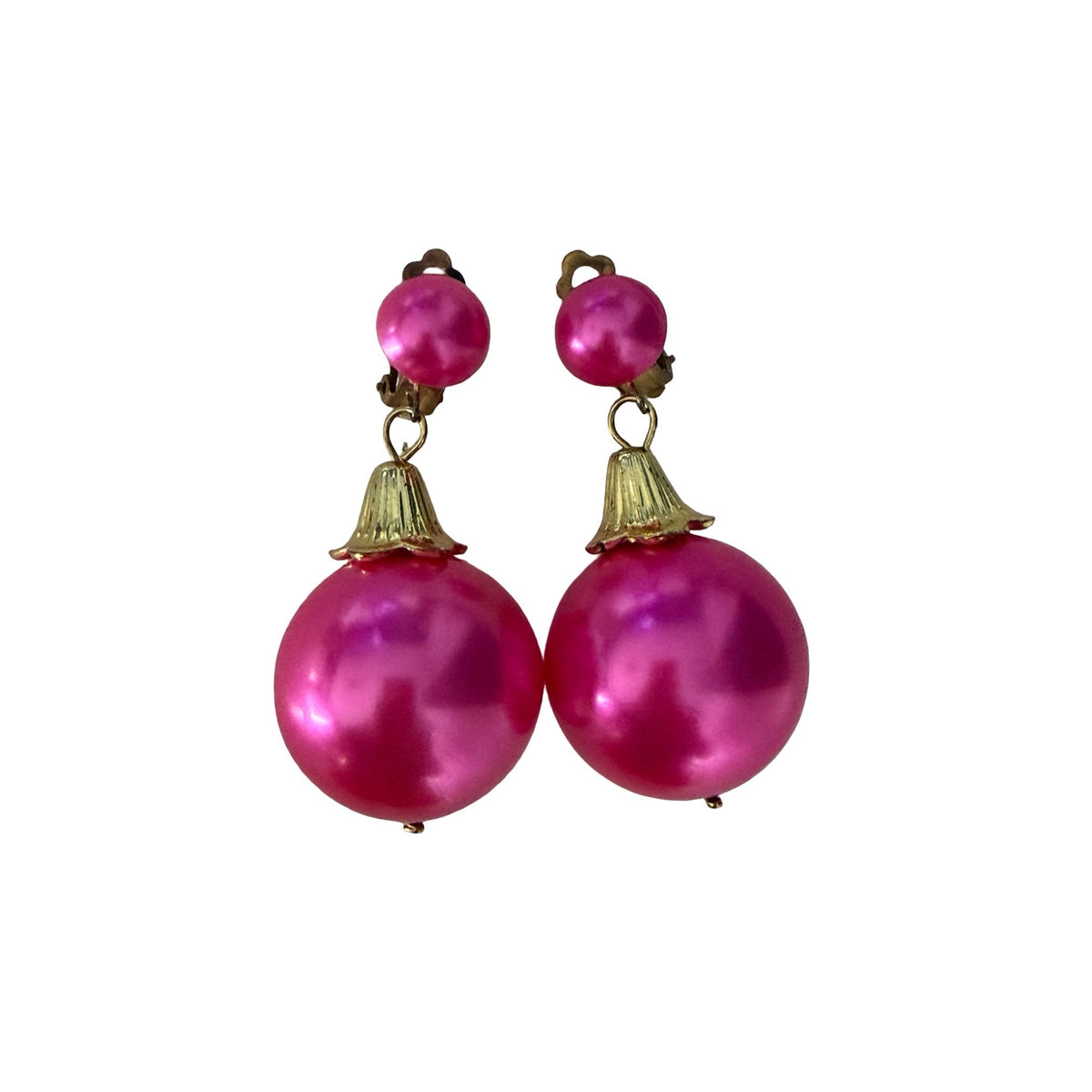 Vintage 1960s Hot Pink Faux Pearl Clip On Dangle Earrings Oversized Mod