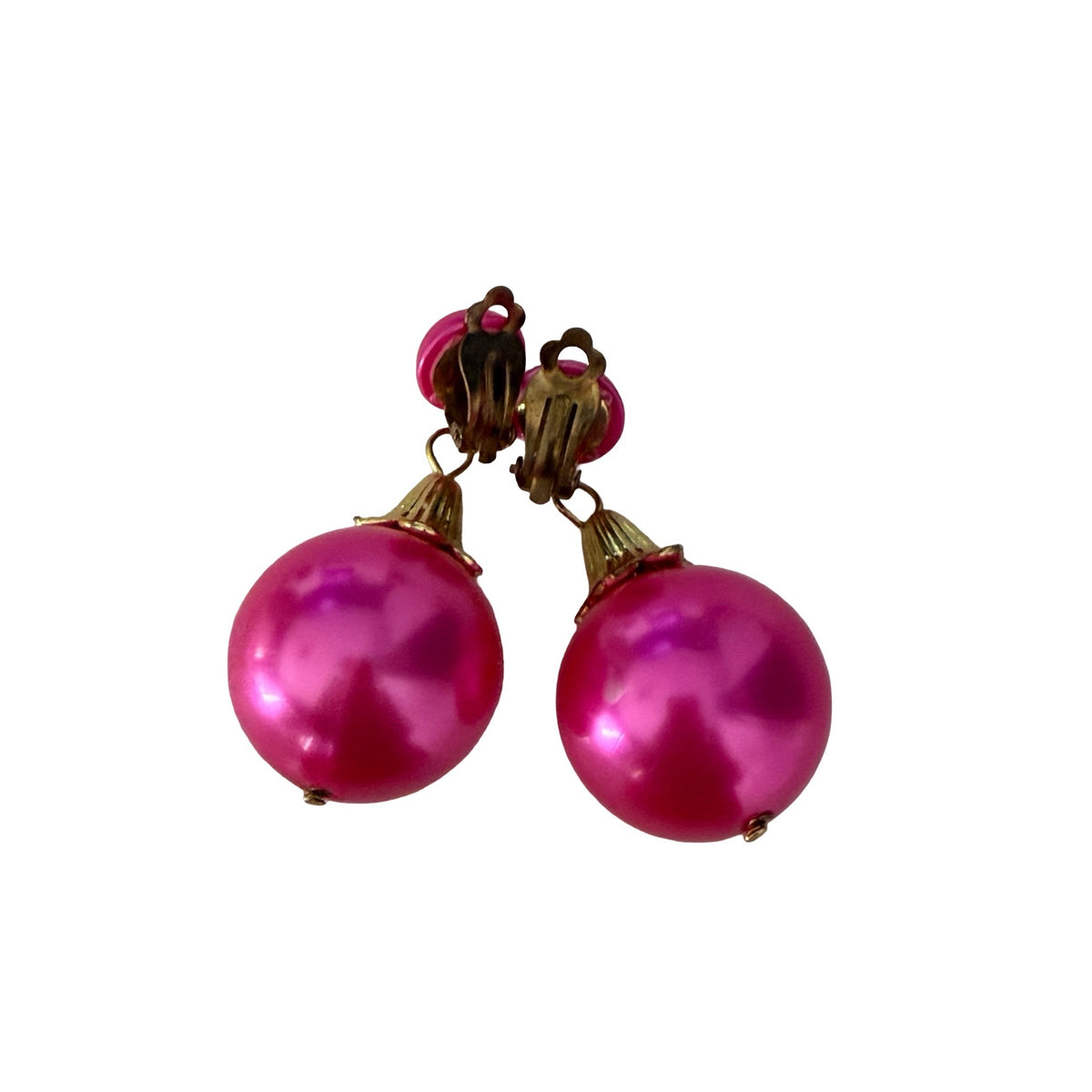 Vintage 1960s Hot Pink Faux Pearl Clip On Dangle Earrings Oversized Mod