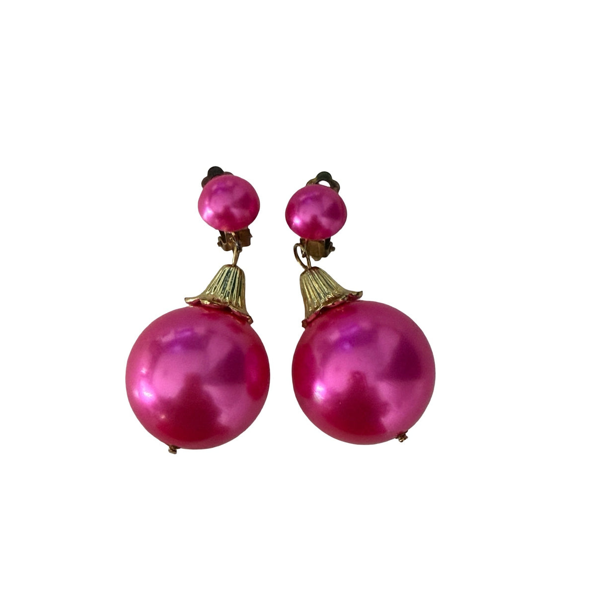 Vintage 1960s Hot Pink Faux Pearl Clip On Dangle Earrings Oversized Mod