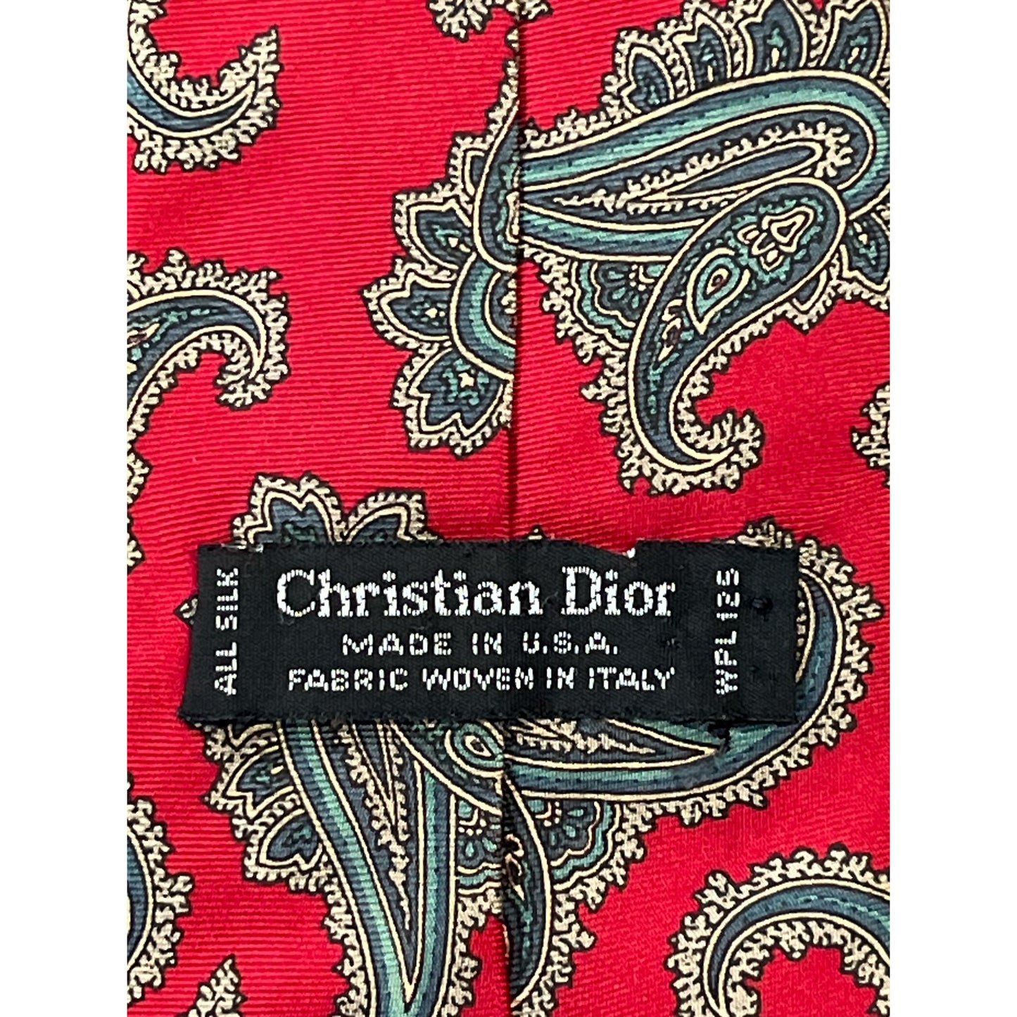 Christian Dior Silk Tie Red Paisley Made in USA Fabric Woven in Italy Designer Neck Tie
