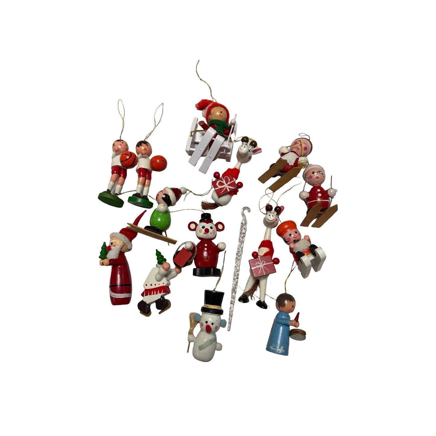 Vintage Lot of 14 Wooden Christmas Ornaments Taiwan Santa Snowman Reindeer Skier Angel