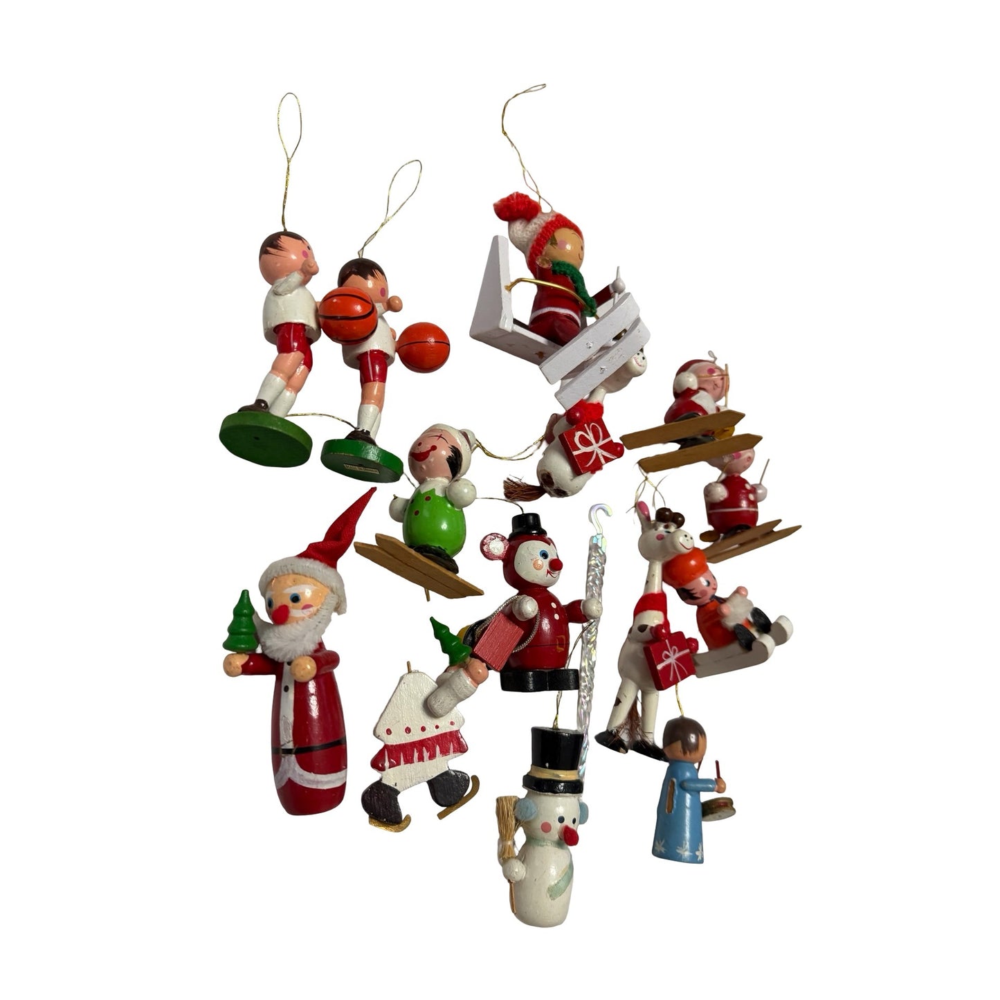 Vintage Lot of 14 Wooden Christmas Ornaments Taiwan Santa Snowman Reindeer Skier Angel