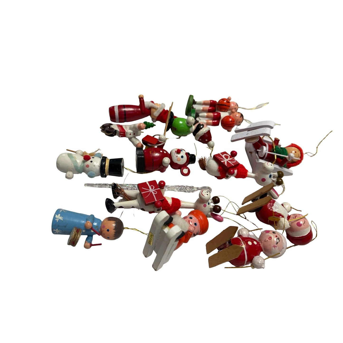 Vintage Lot of 14 Wooden Christmas Ornaments Taiwan Santa Snowman Reindeer Skier Angel
