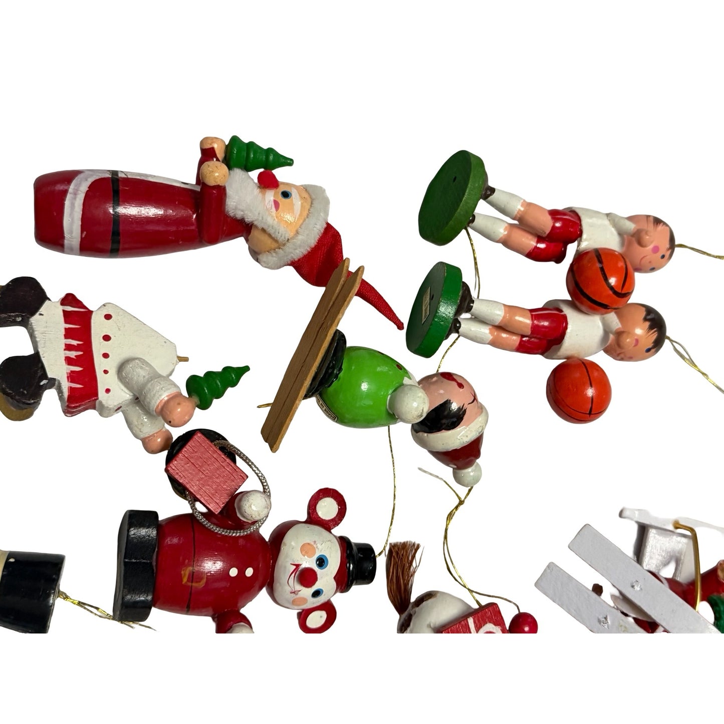 Vintage Lot of 14 Wooden Christmas Ornaments Taiwan Santa Snowman Reindeer Skier Angel