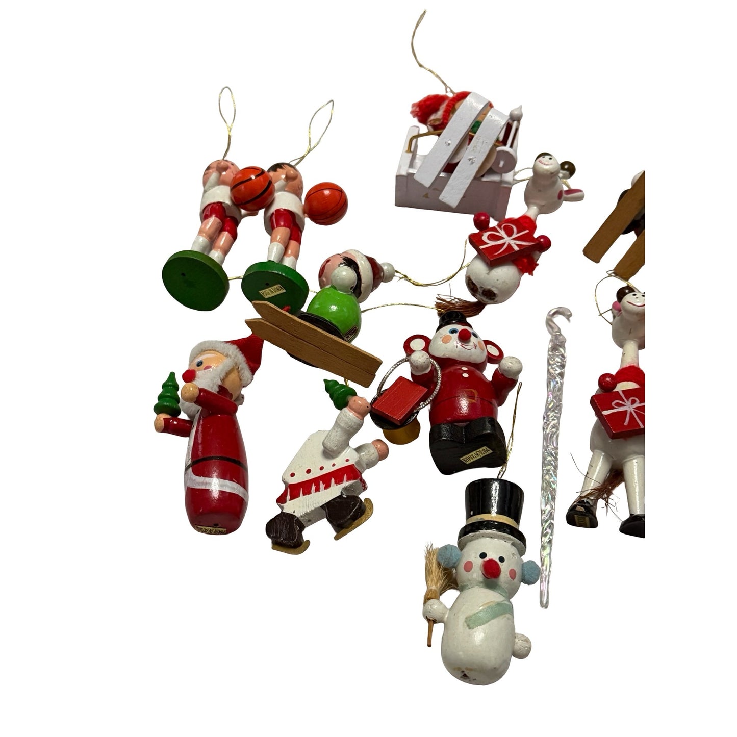 Vintage Lot of 14 Wooden Christmas Ornaments Taiwan Santa Snowman Reindeer Skier Angel