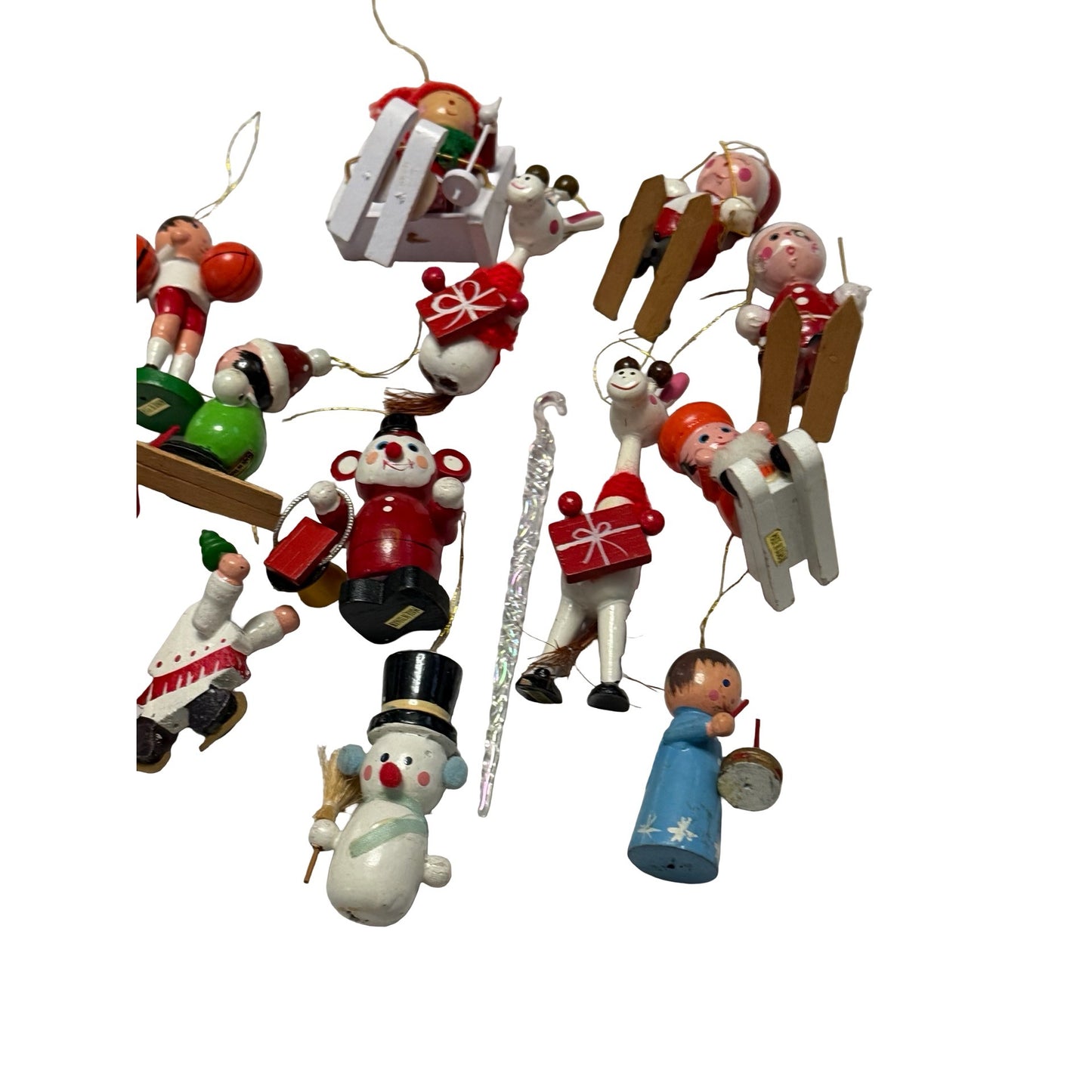 Vintage Lot of 14 Wooden Christmas Ornaments Taiwan Santa Snowman Reindeer Skier Angel