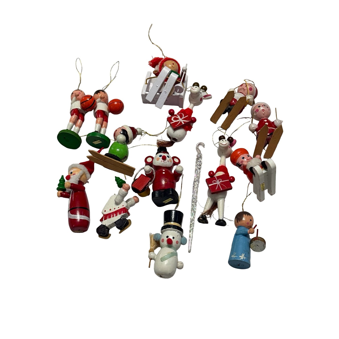 Vintage Lot of 14 Wooden Christmas Ornaments Taiwan Santa Snowman Reindeer Skier Angel