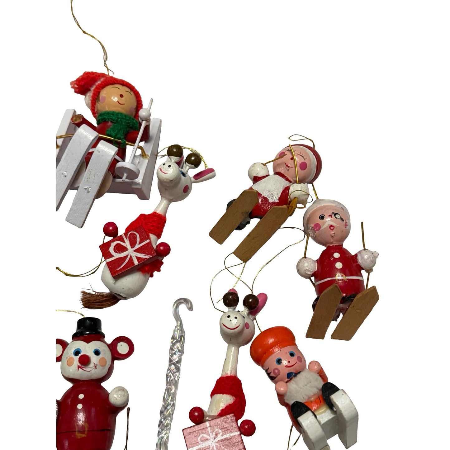 Vintage Lot of 14 Wooden Christmas Ornaments Taiwan Santa Snowman Reindeer Skier Angel