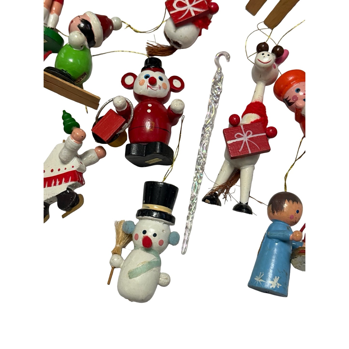 Vintage Lot of 14 Wooden Christmas Ornaments Taiwan Santa Snowman Reindeer Skier Angel