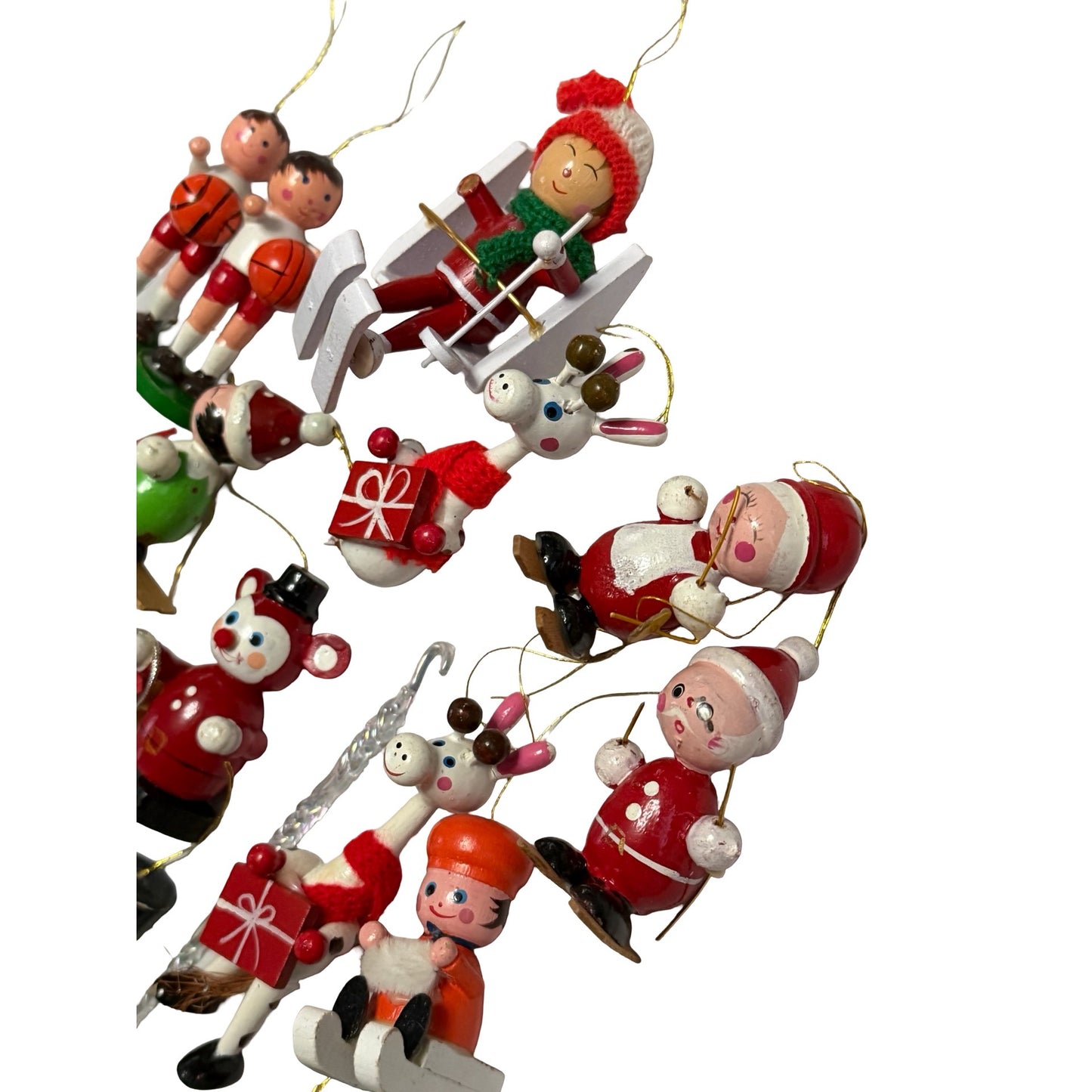 Vintage Lot of 14 Wooden Christmas Ornaments Taiwan Santa Snowman Reindeer Skier Angel