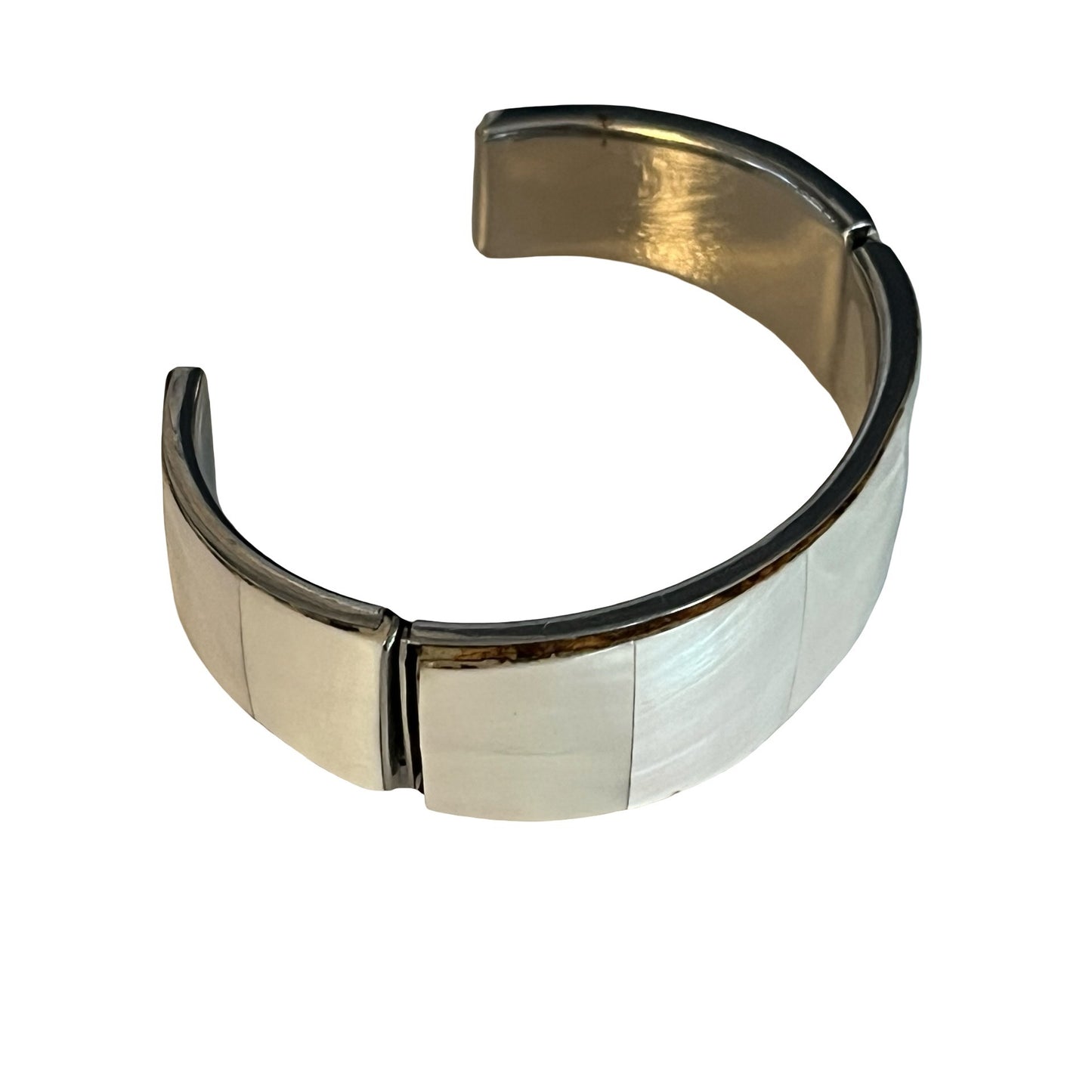 Vintage Mother of Pearl Cuff Bracelet Made in Philippines Wide Shell Inlay Statement Jewelry