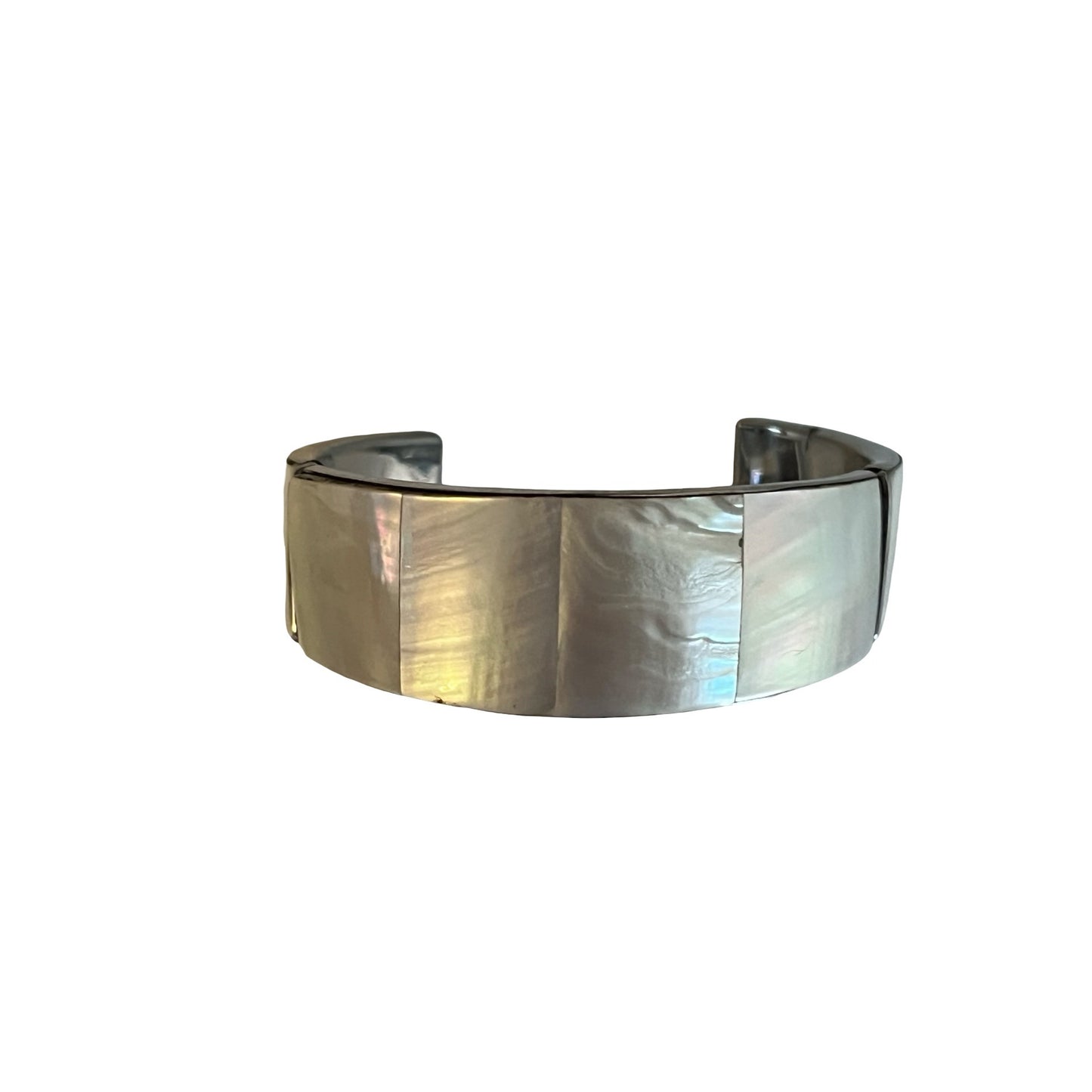 Vintage Mother of Pearl Cuff Bracelet Made in Philippines Wide Shell Inlay Statement Jewelry