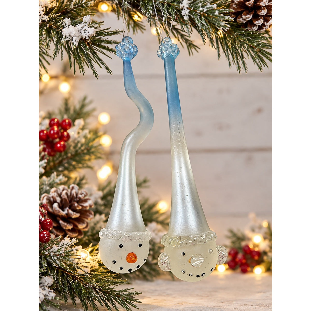Vintage Art Glass Snowman Christmas Ornaments Pair 7" Long Blue White Glitter