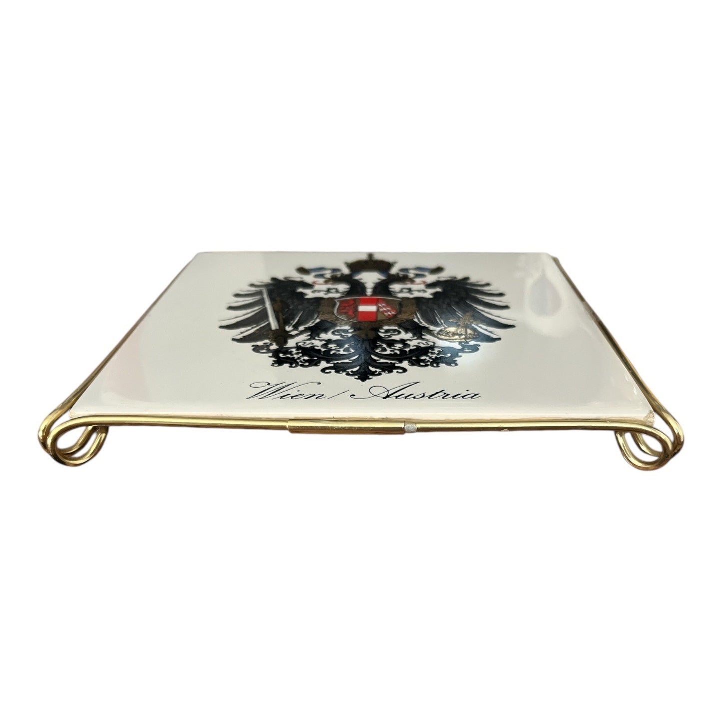 Vintage Laufen Wien Austria Tile Trivet Double Eagle Crest Porcelain Gold Handles 6”