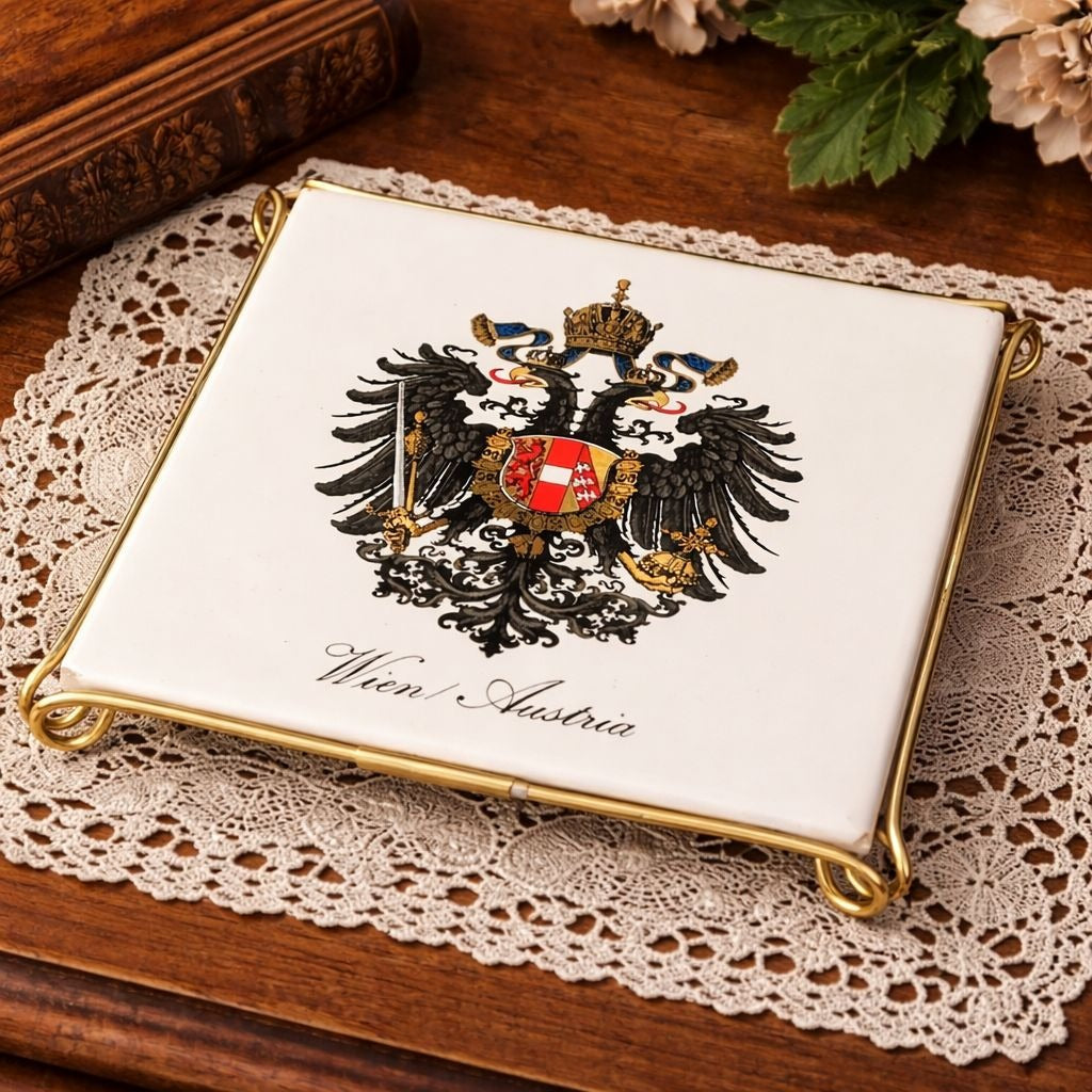Vintage Laufen Wien Austria Tile Trivet Double Eagle Crest Porcelain Gold Handles 6”
