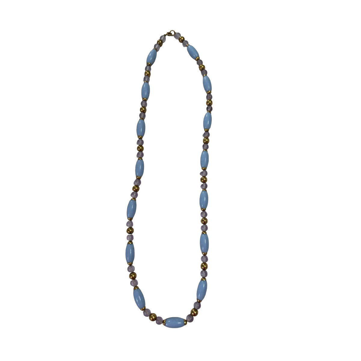 Vintage Pastel Blue Lavender Beaded Necklace Gold Tone 28 Inch Long Retro Jewelry