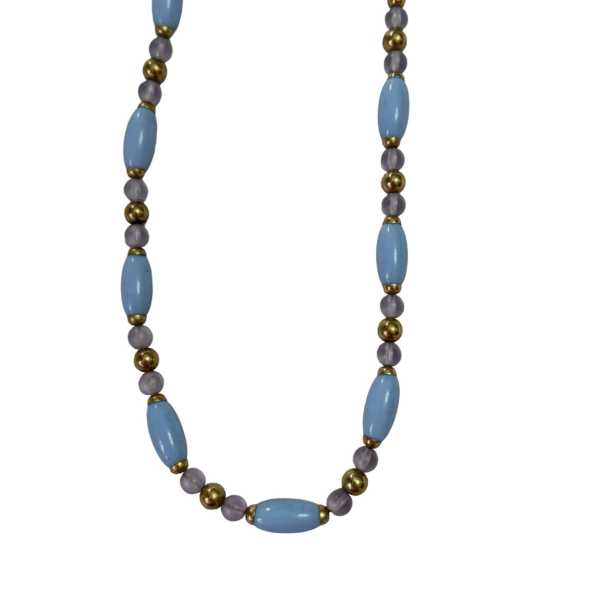 Vintage Pastel Blue Lavender Beaded Necklace Gold Tone 28 Inch Long Retro Jewelry