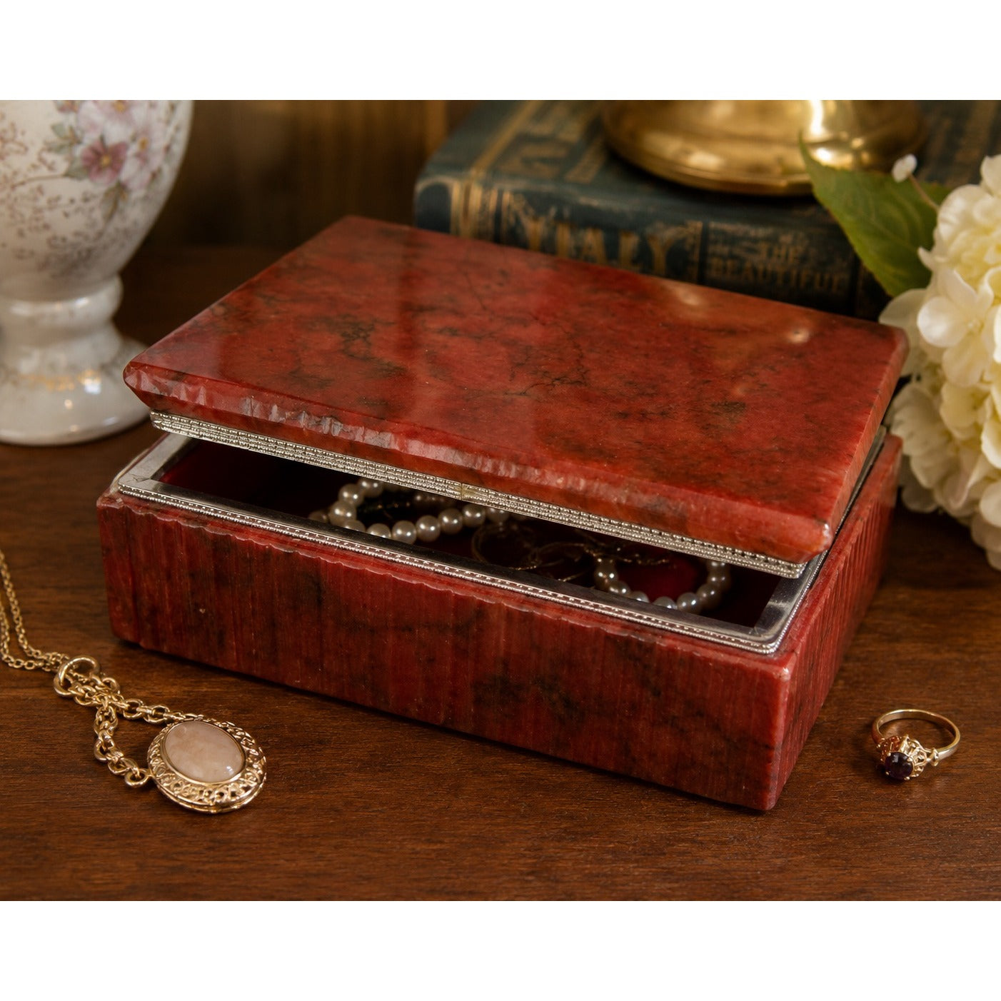 Vintage Italian Genuine Alabaster Trinket Box Red Marble Look Jewelry Keepsake Box