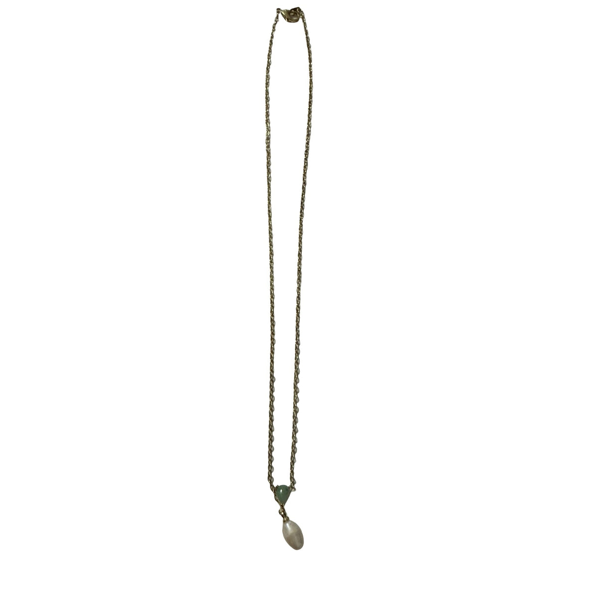 Gold Tone Green Stone Faux Pearl Drop Necklace 17 Inch