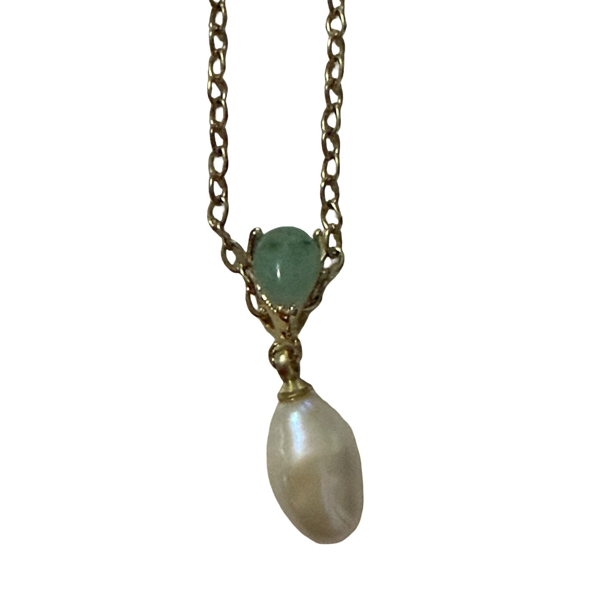 Gold Tone Green Stone Faux Pearl Drop Necklace 17 Inch