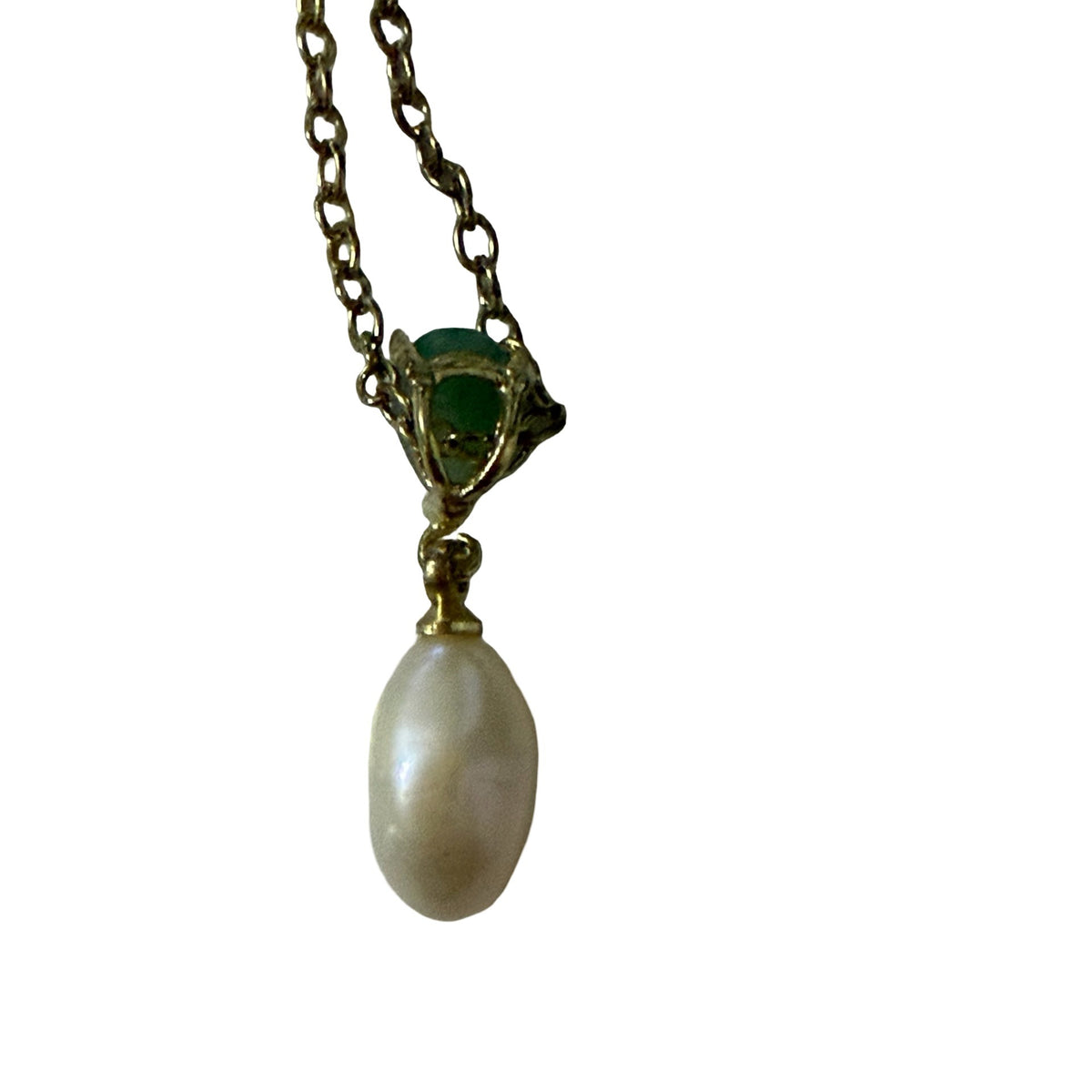 Gold Tone Green Stone Faux Pearl Drop Necklace 17 Inch