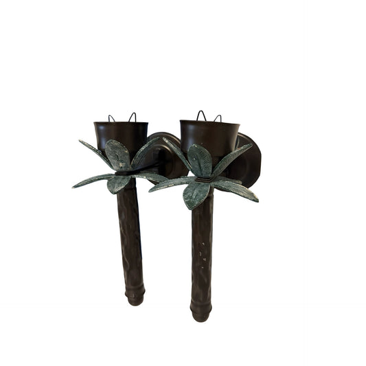 Vintage Metal Wall Candle Sconces Pair Green Leaf Taper Candle Holders Rustic Farmhouse Decor