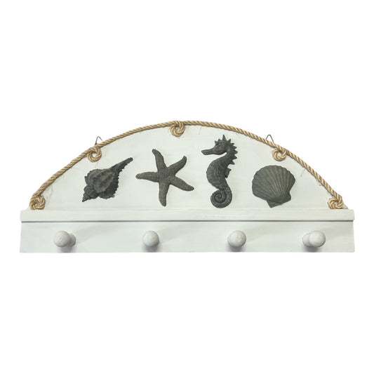 Nautical Coastal Wall Hook Rack – Seashell & Seahorse Beach House Decor